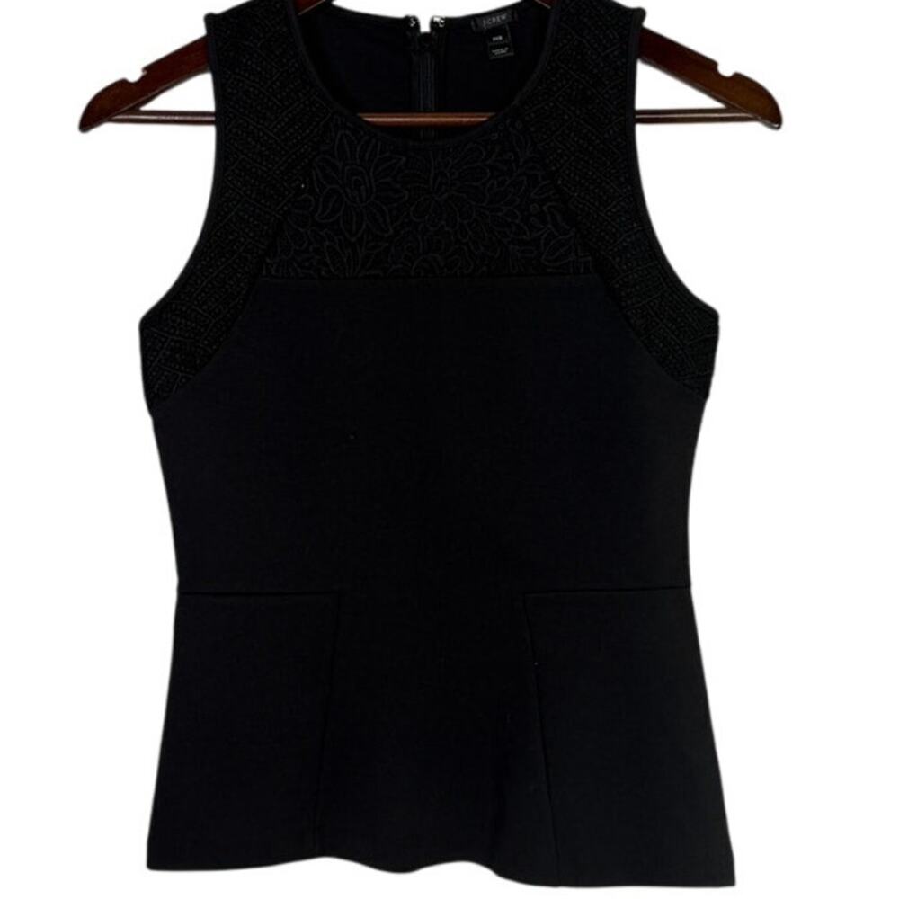 J. Crew Floral Lace Detail Peplum Sleeveless Blouse Stretch Back ZipUp XXS Black